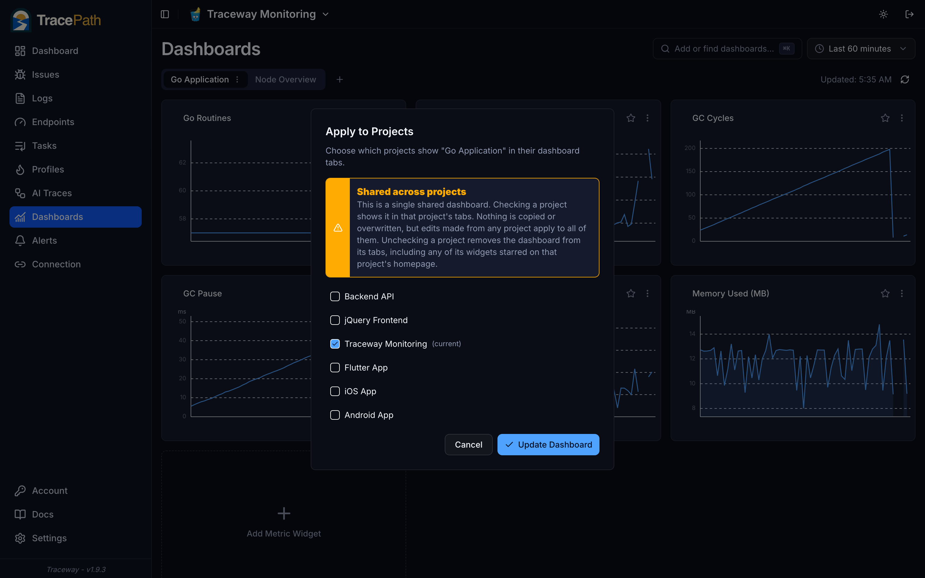 Applying a dashboard to projects