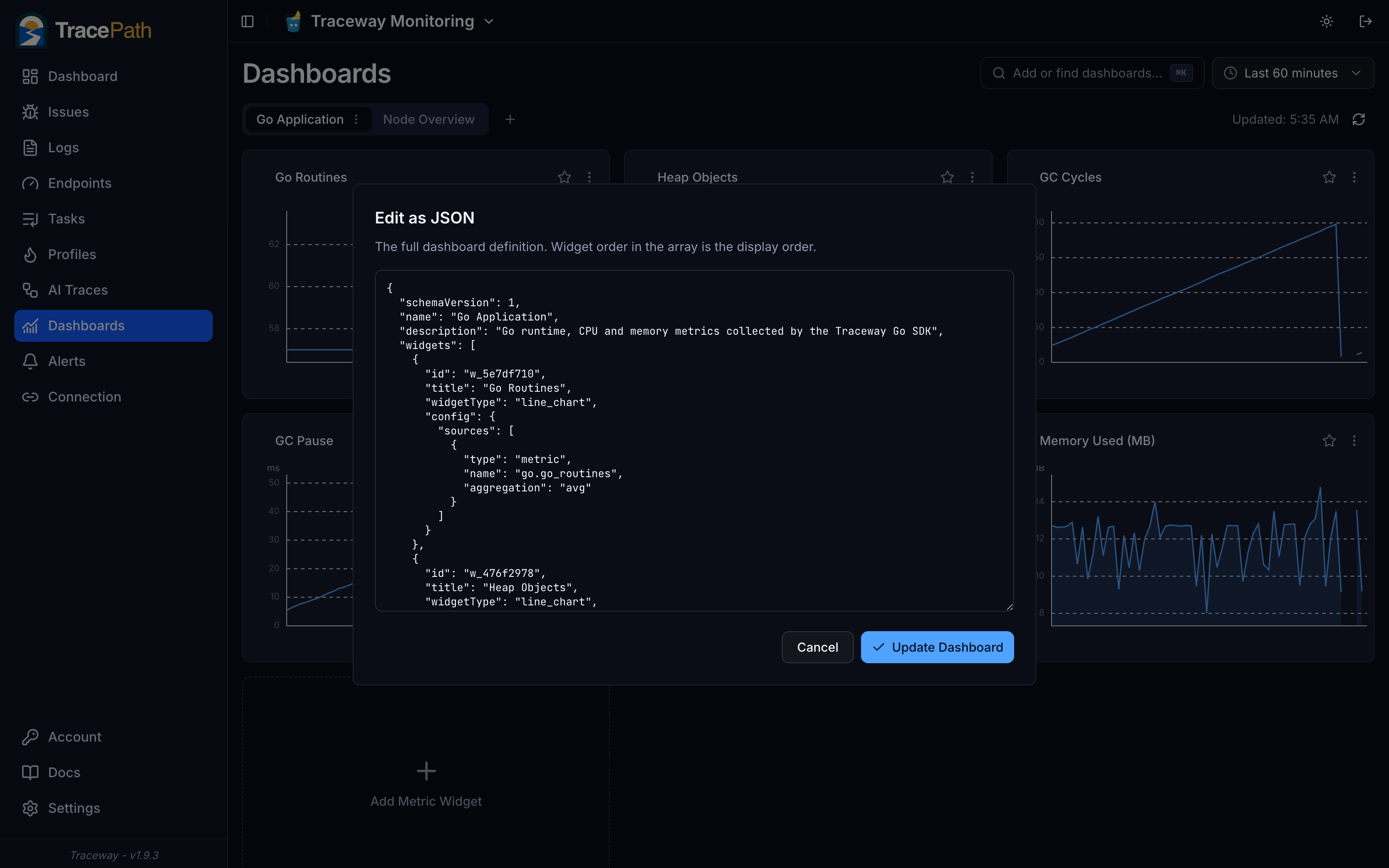 Editing a TracePath dashboard as JSON