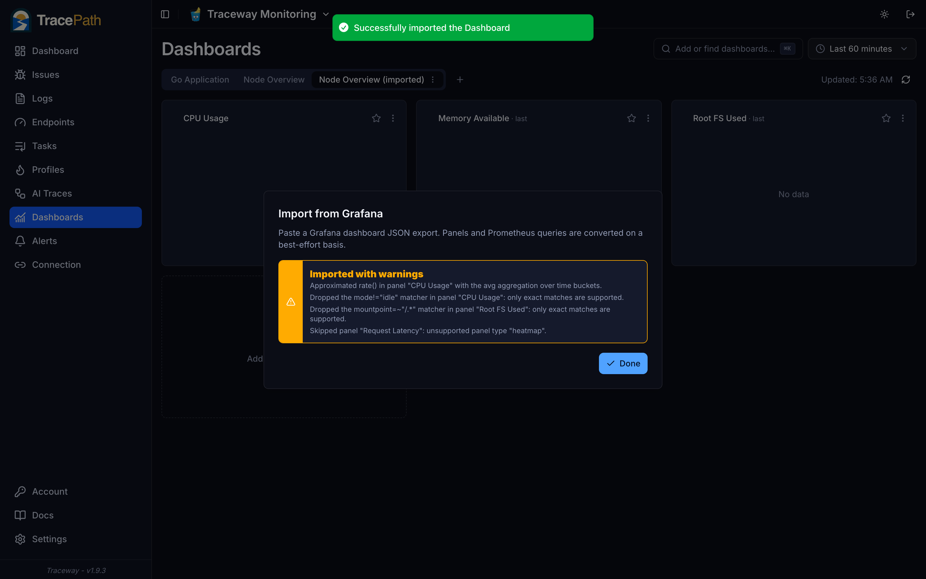 Grafana import with conversion warnings