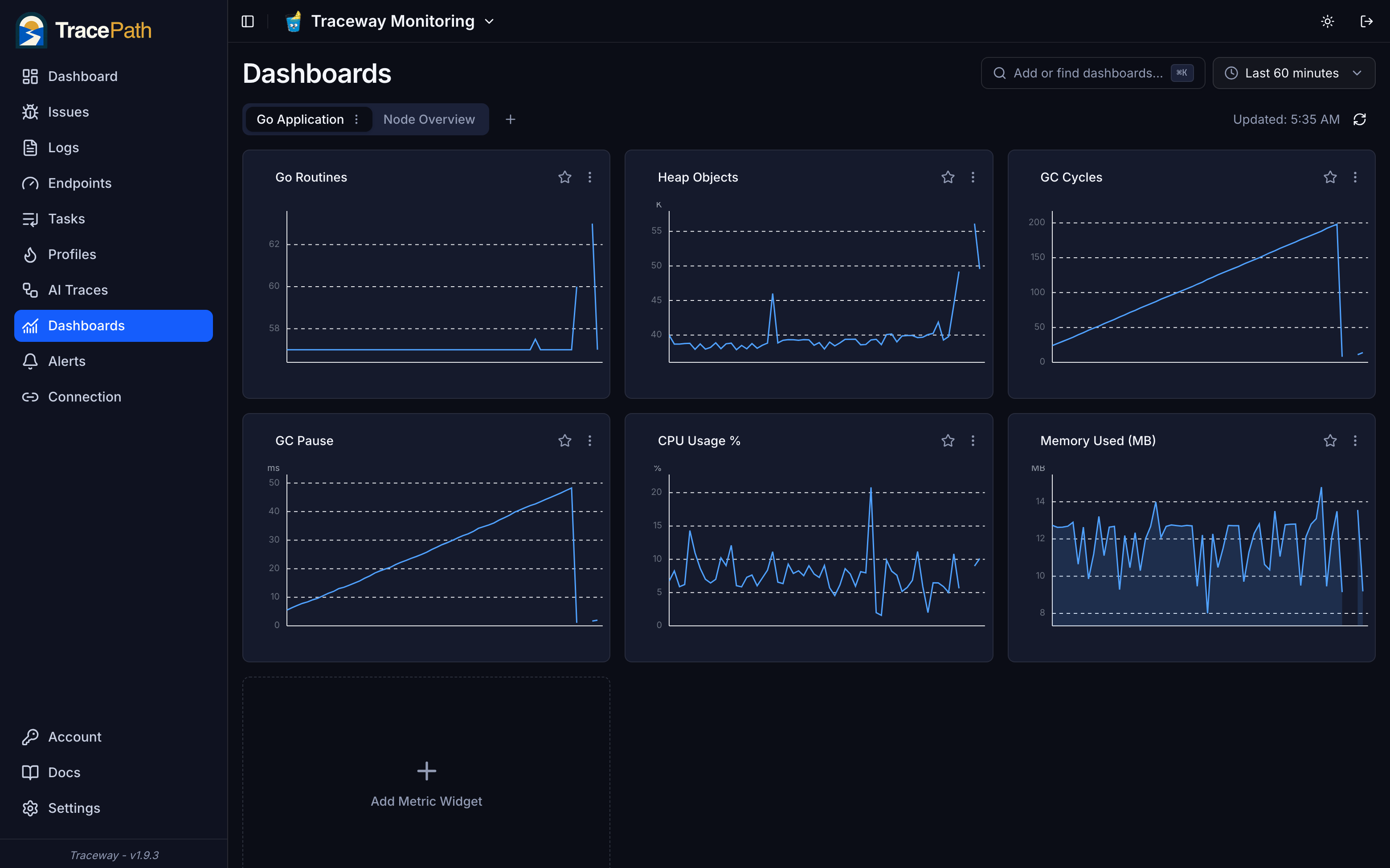 The TracePath dashboards page