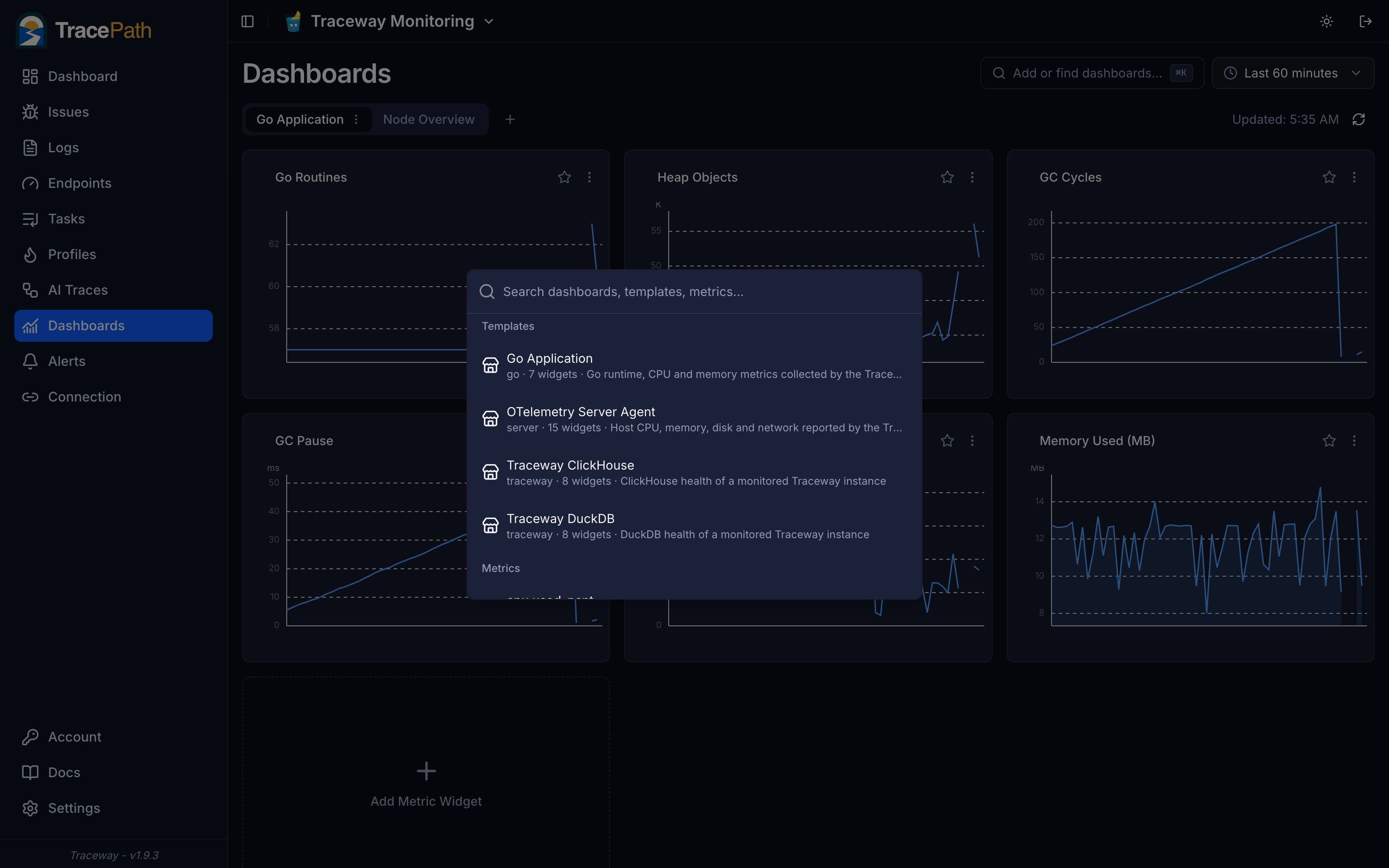Dashboard templates in the command palette