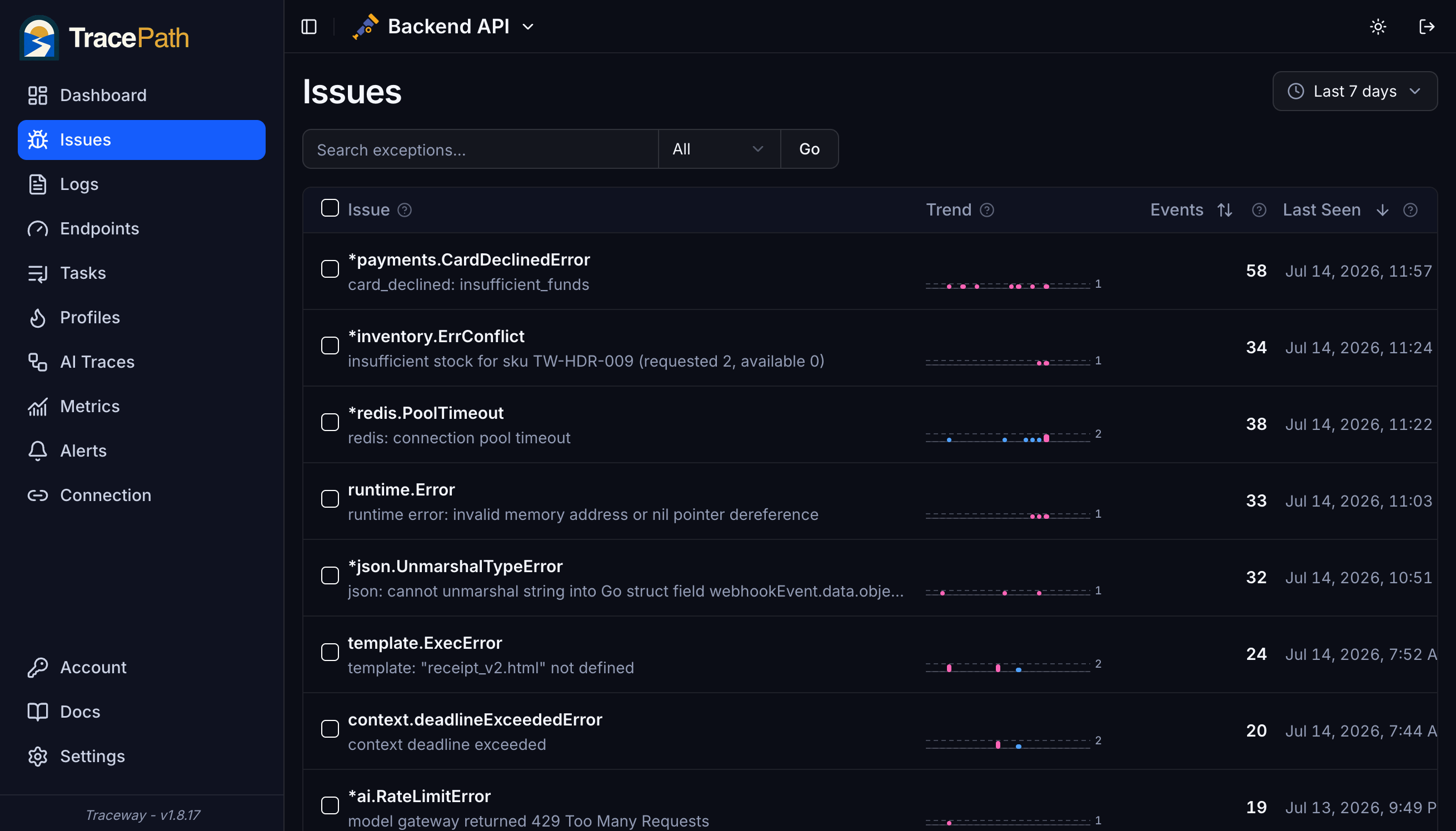 Exception tracking interface
