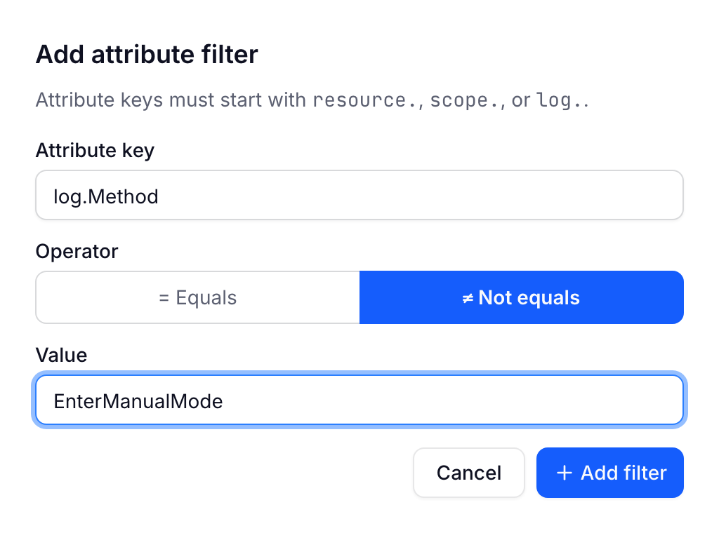 Attribute filter dialog with the Not equals operator selected