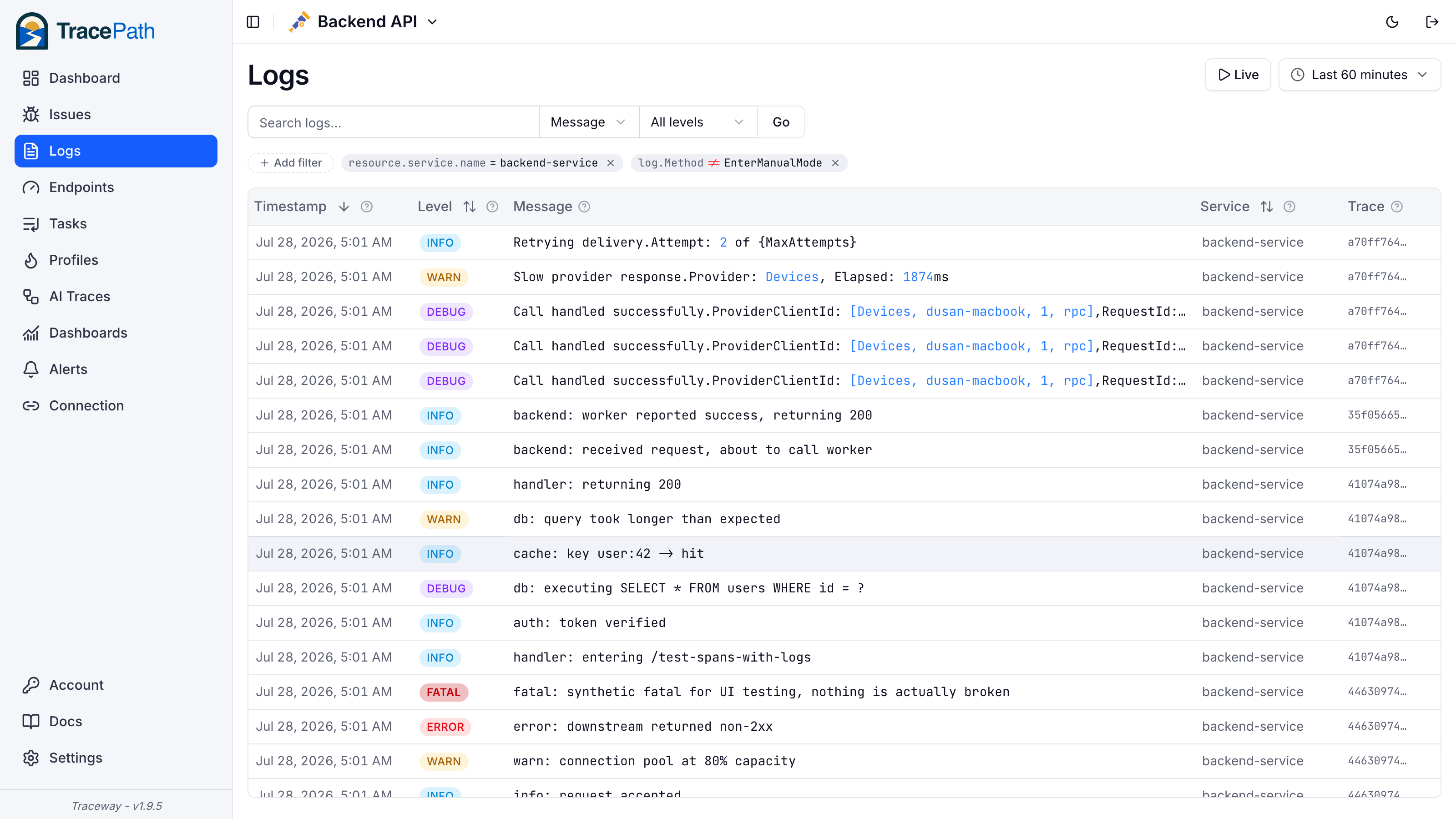 Logs search with attribute filters applied