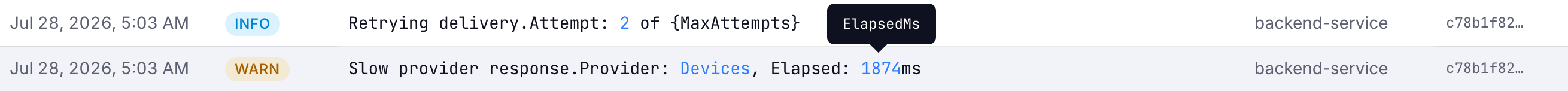 A templated log message with the parameter name shown in a tooltip