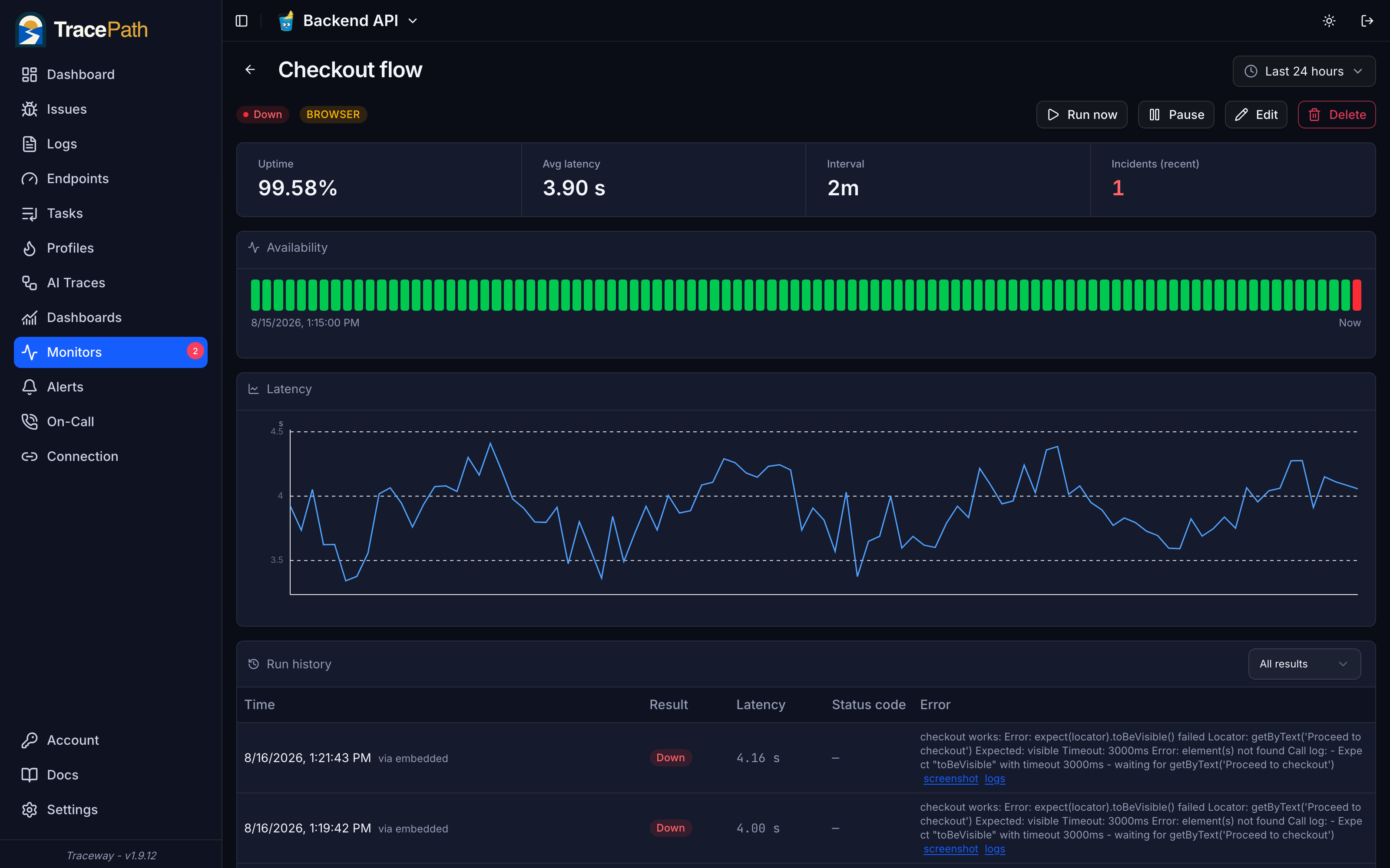 A monitor detail page with availability, latency chart, and failed runs with screenshots and logs
