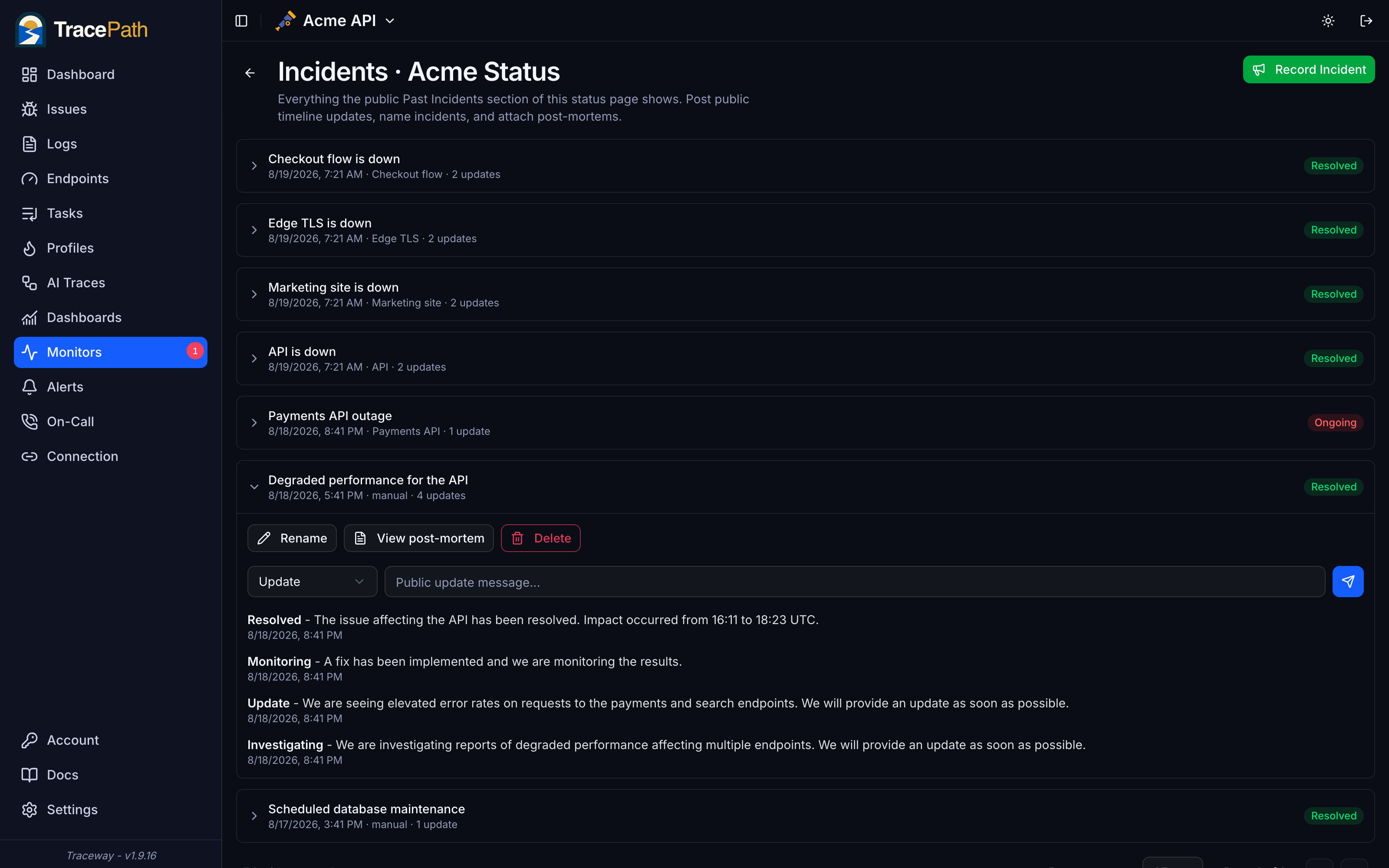Managing a status page's incidents in TracePath: renaming, posting public timeline updates, and attaching a post-mortem