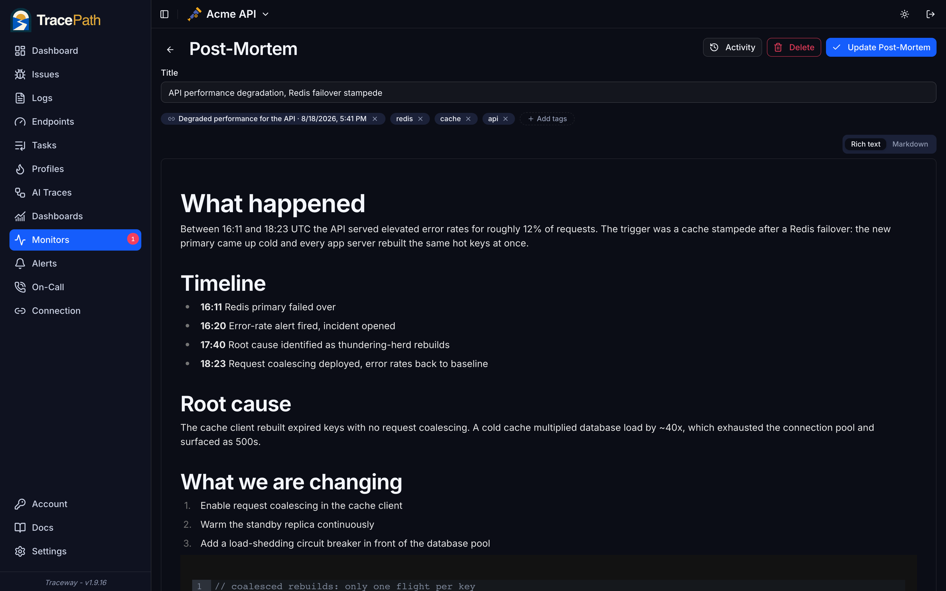 Writing an internal post-mortem in TracePath with tags, a linked incident, and an activity log