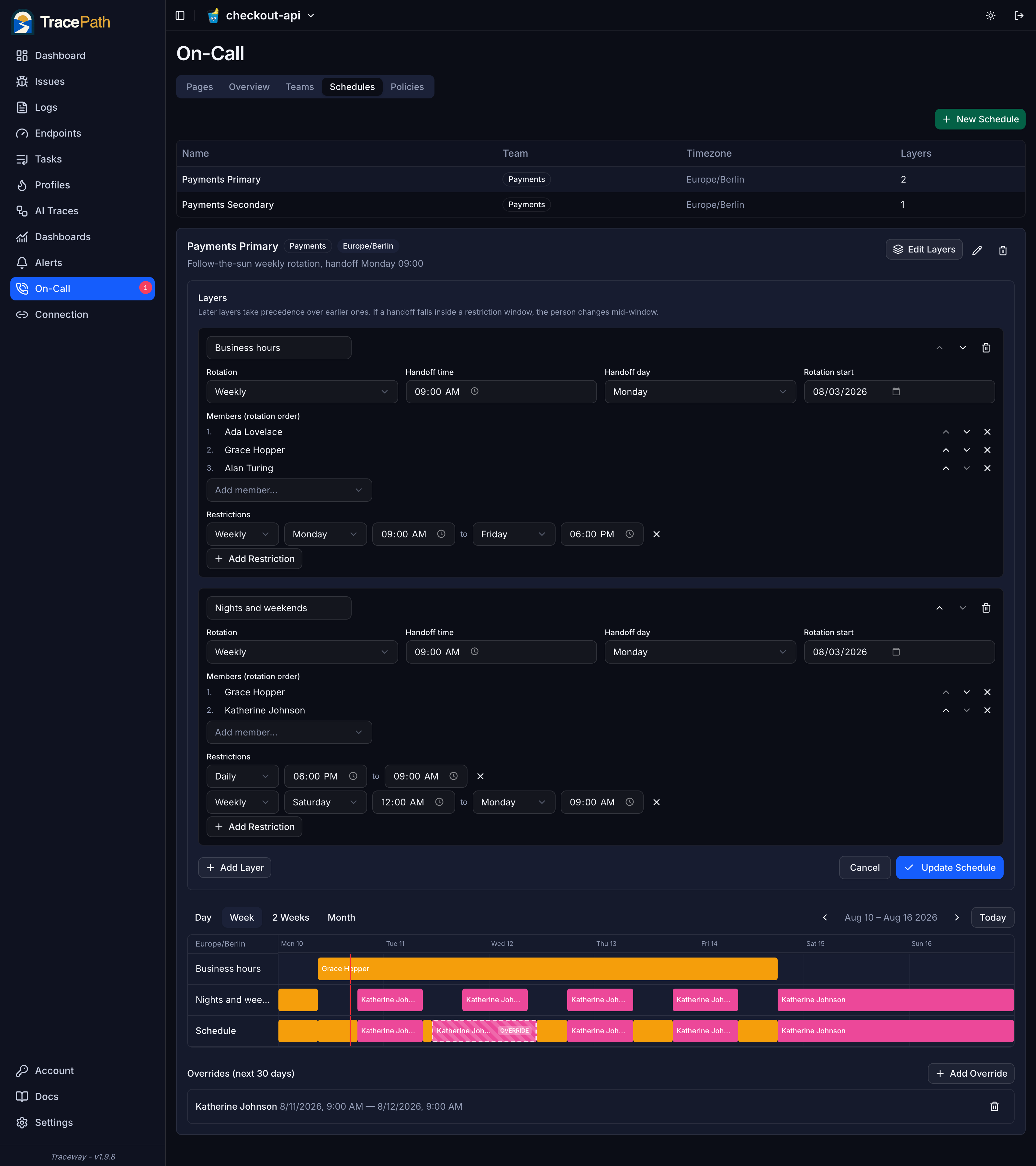 Editing on-call schedule layers and restrictions
