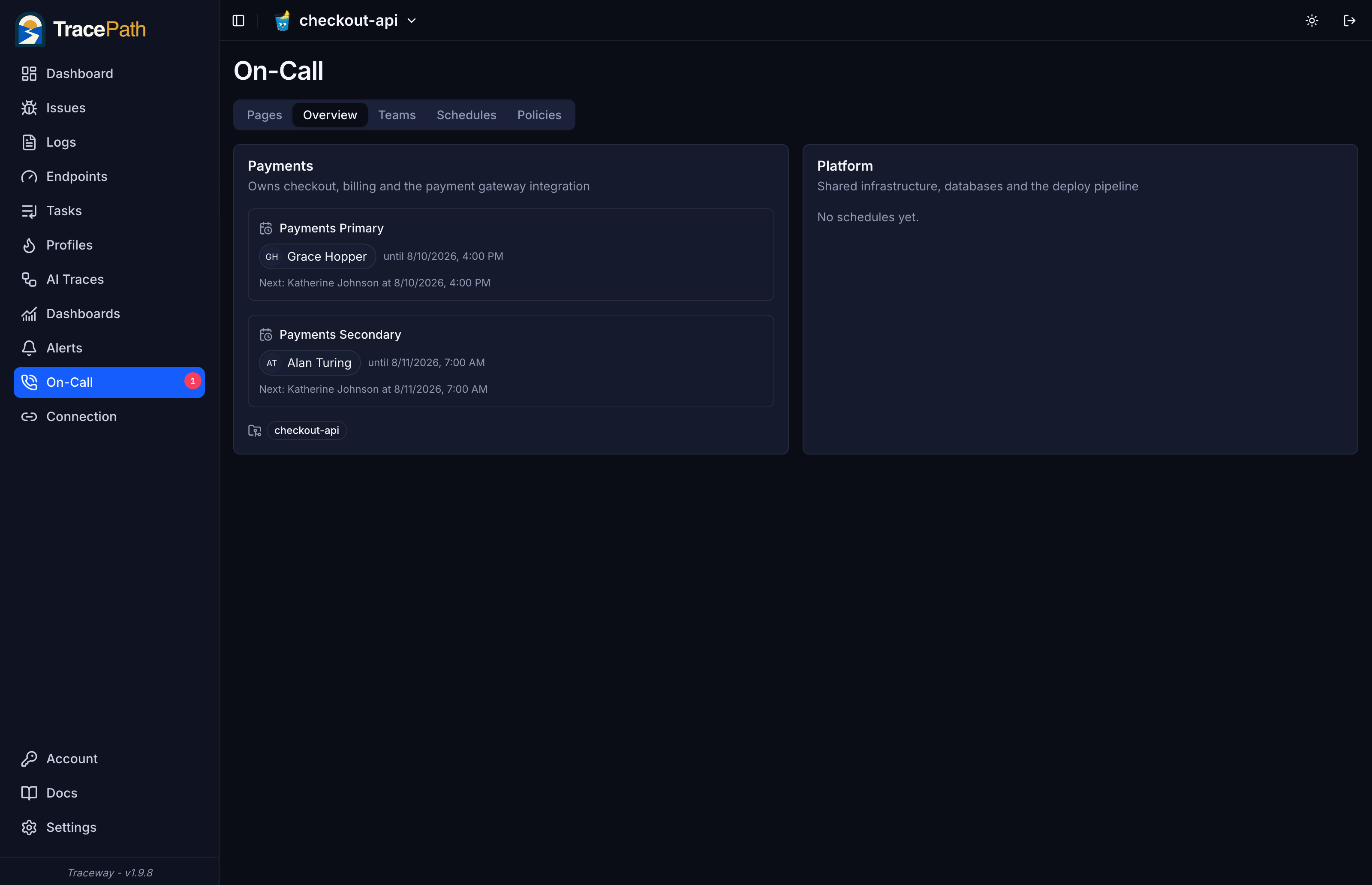 Current and next on-call per team and schedule