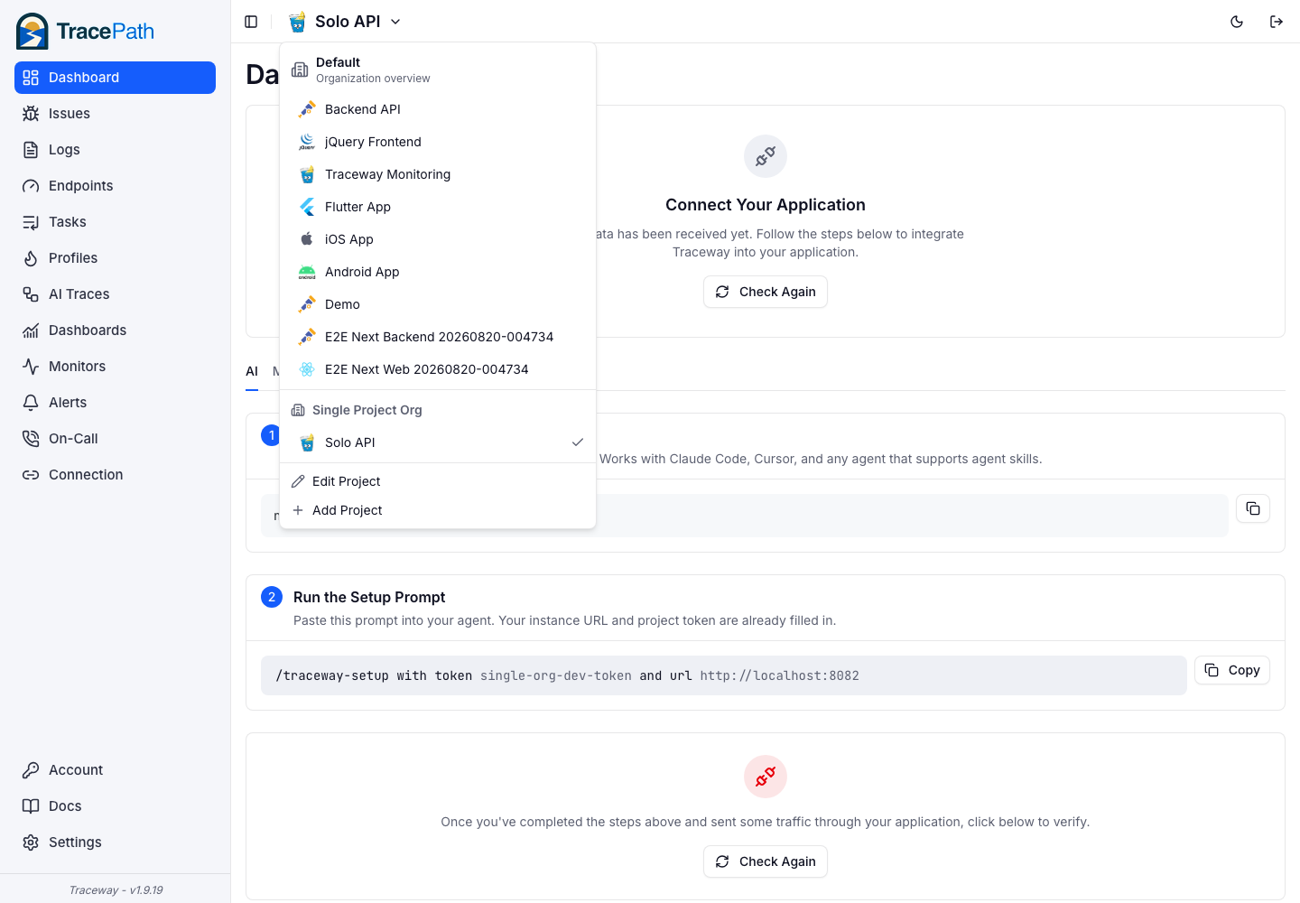 The TracePath header switcher, listing organizations with their projects nested underneath