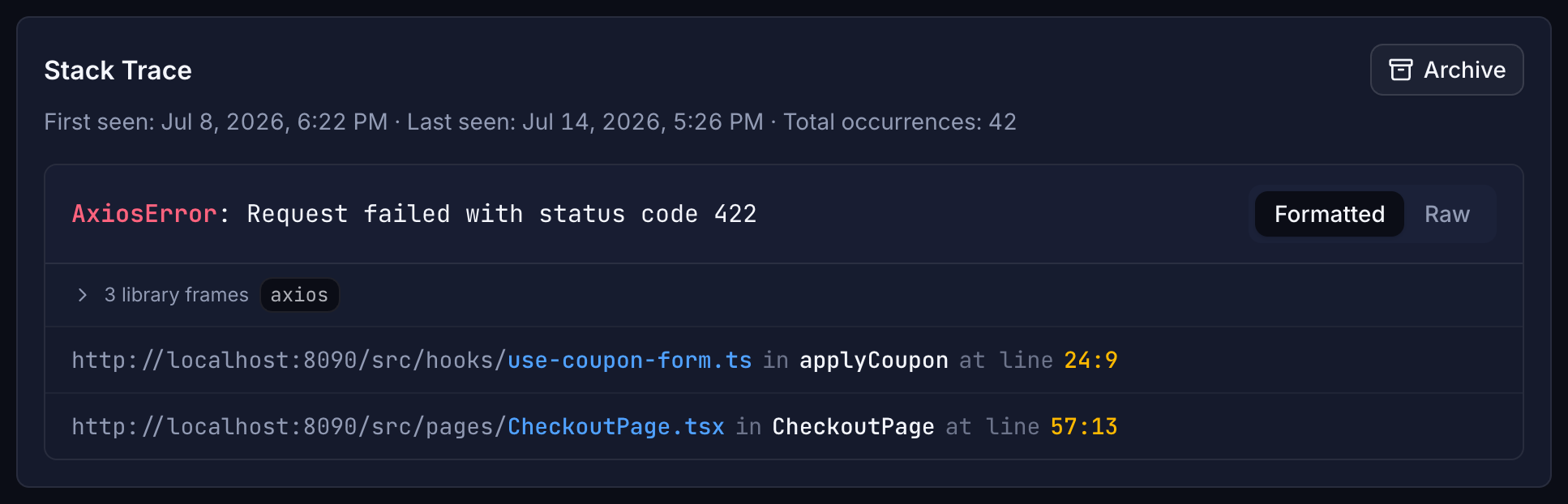 Error grouping interface